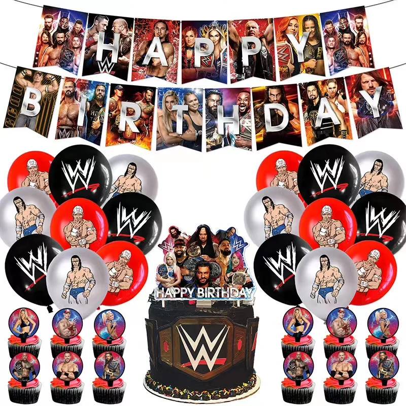 WWE Party Supplies, Birthday Banner,Cake Topper，Cupcake Toppers，Balloons, For WWE Party Decorations，WWE Birthday party decoratio