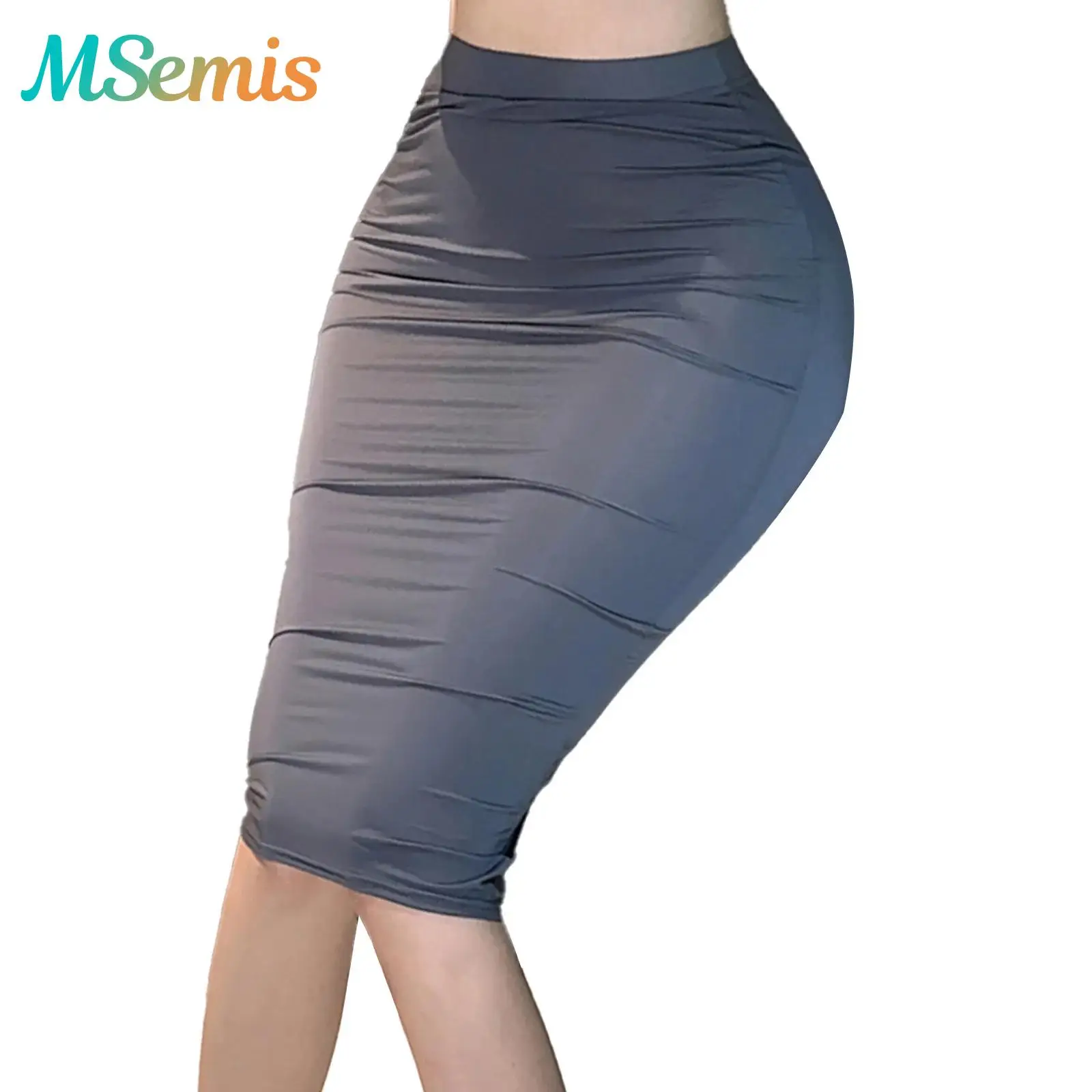 

Womens Semi See Through Bodycon Skirt Solid Color High Waist Elastic Waistband Keen Length Skirts Female Festival Club Costume