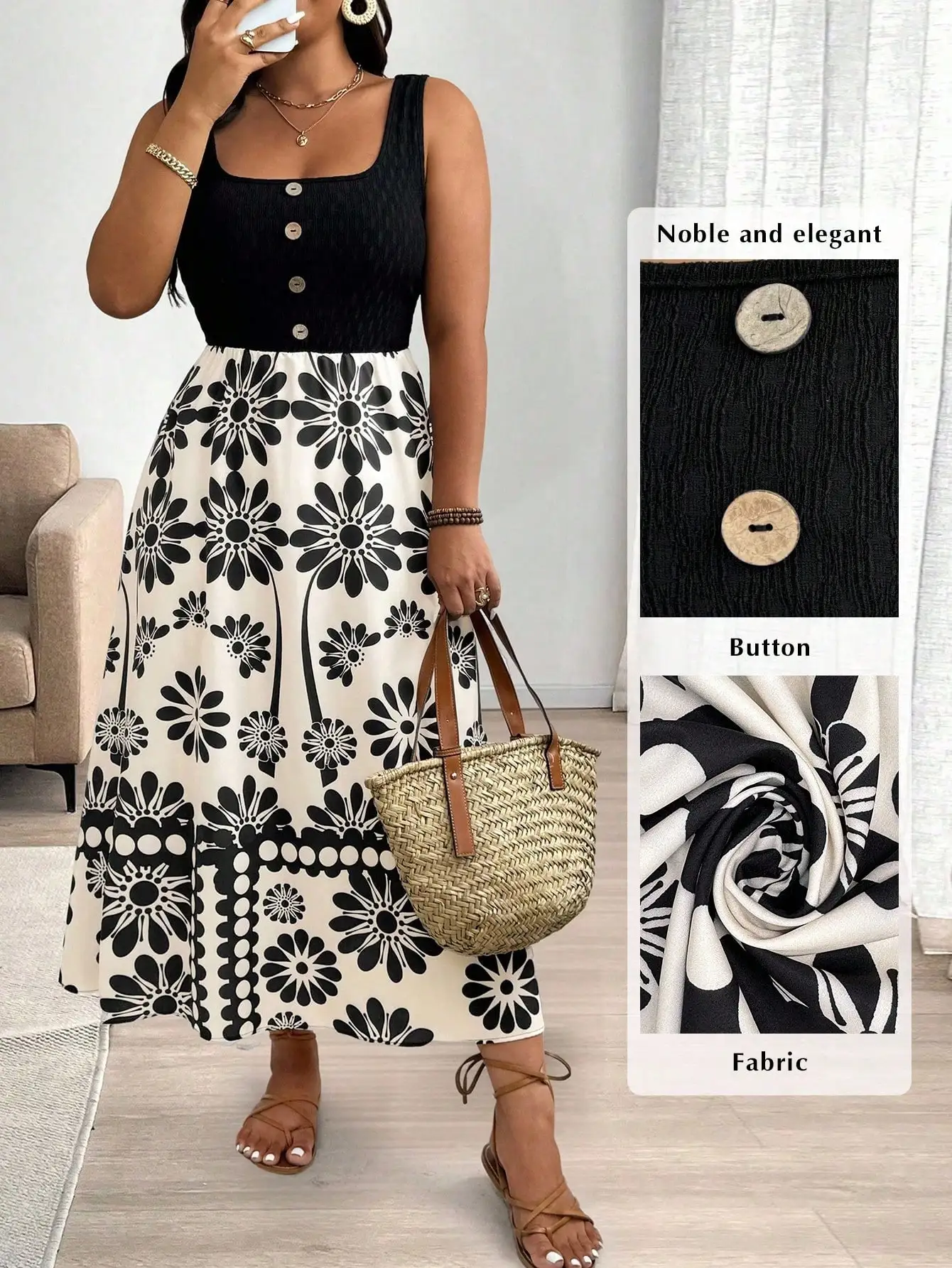 

Платье миди без рукавов с цветочным принтом и пуговицами спереди, больших размеров