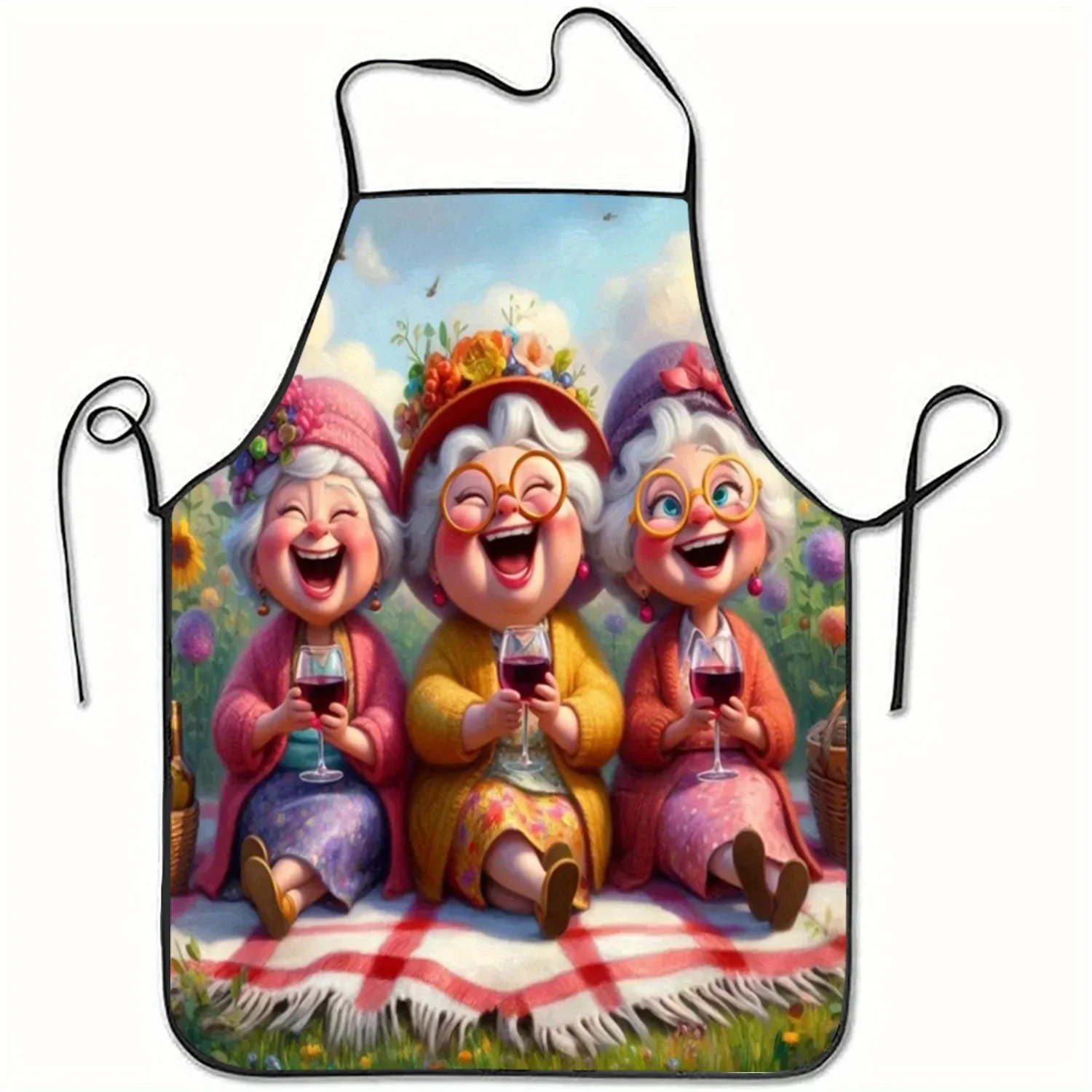 Funny Grandma Wine Picnic Kitchen Apron - Cute Elderly Ladies Graphic Linen Look Chef Bib for Men Women Cooking Baking Gift
