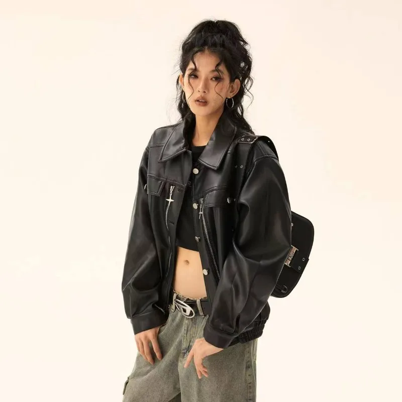 Deeptown Vintage Leather Racing Jacket Women Streetwear Oversized Gothic Moto Biker Zipper Jackets Korean Fashion Autumn Winter