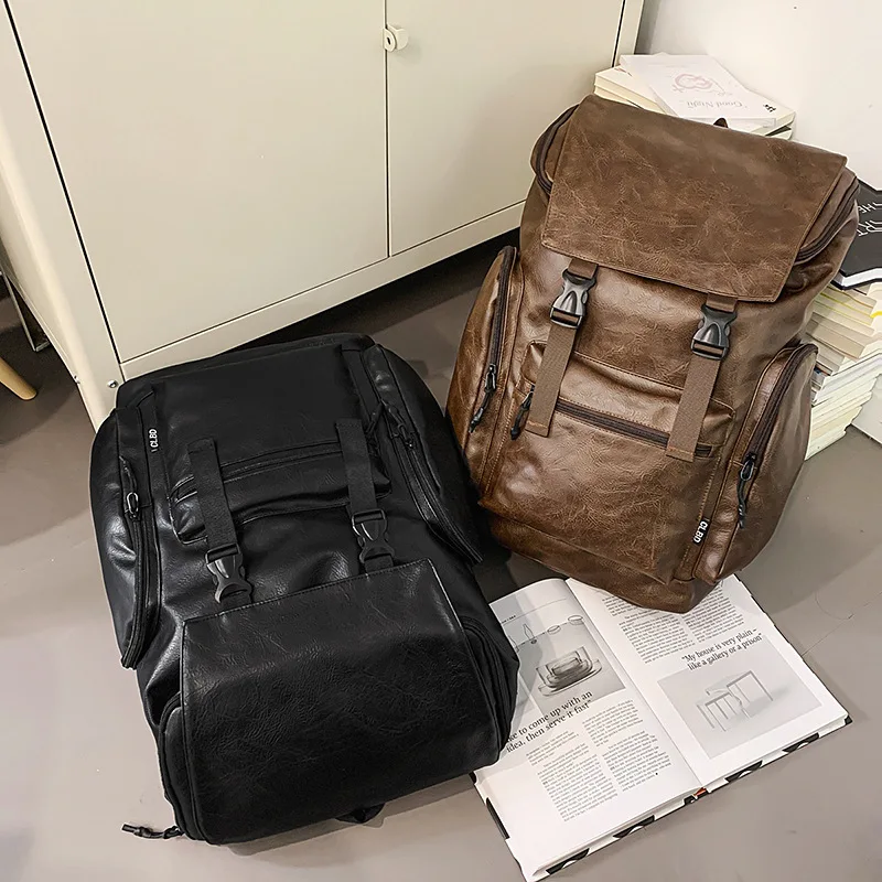 Cool Trendy Solid Color Men's Backpack Casual Large Capacity Multi-Pocket Backpack Personality Versatile Leather Shoulder Bag