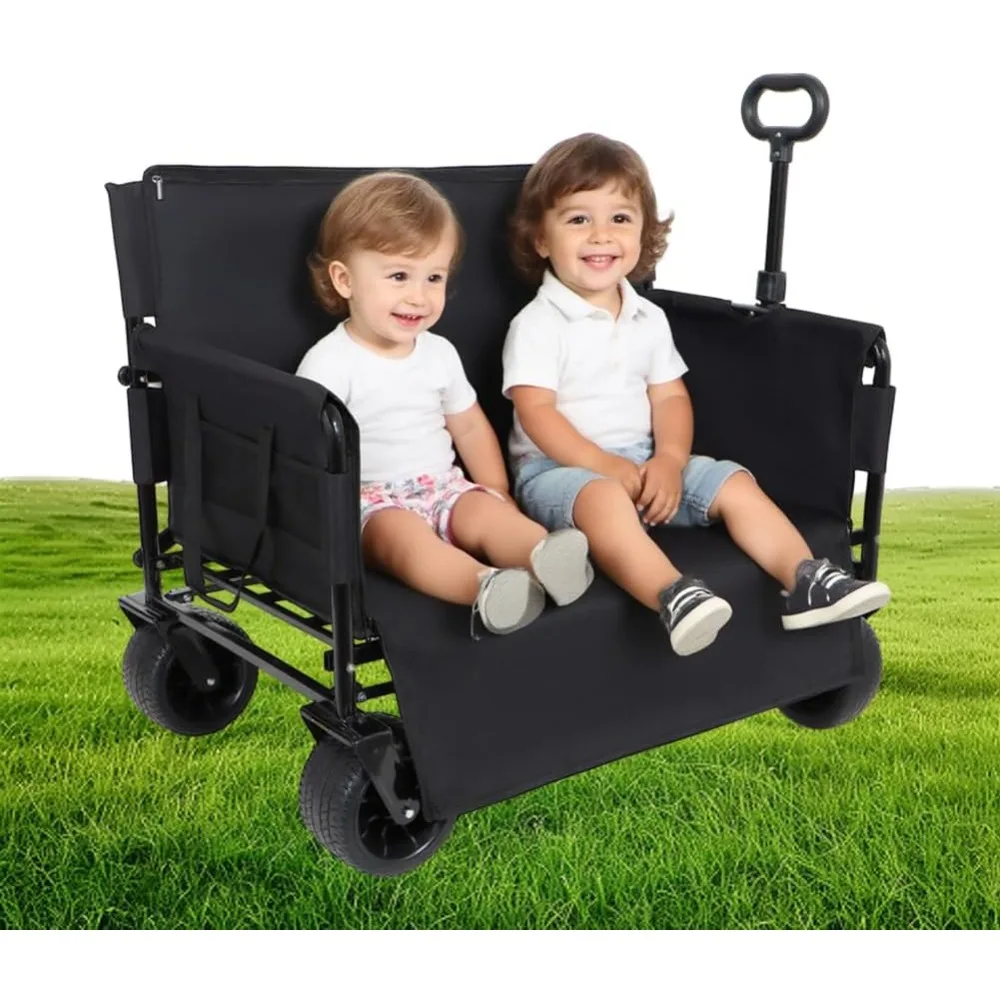 

3-in-1 convertible folding wagon cart with bench seat & storage, 500lbs heavy-duty folding wagon cart with wheels, 180l all-terr