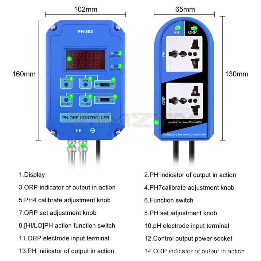 Digital 2-In-1 PH/ORP Meter Redox PH-ORP Controller w/ Output Power Relay for Aquarium Hydroponics Plant Pool Spa Water Tester