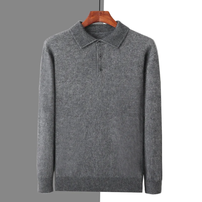 Men\'s 100%Mink cashmere Jacket with POLO Collar Honeycomb Pin Shirt Knit Pullover Autumn Winter Fashion New Style