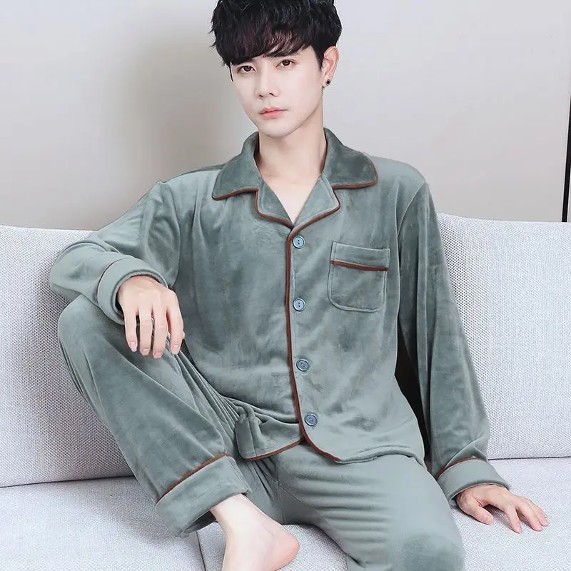 Coral Fleece Sleepwear Long Sleeve Cardigan Pants Men Pajama Sets Warm Flannel Pajamas Loungewear Autumn Winter Nightwear