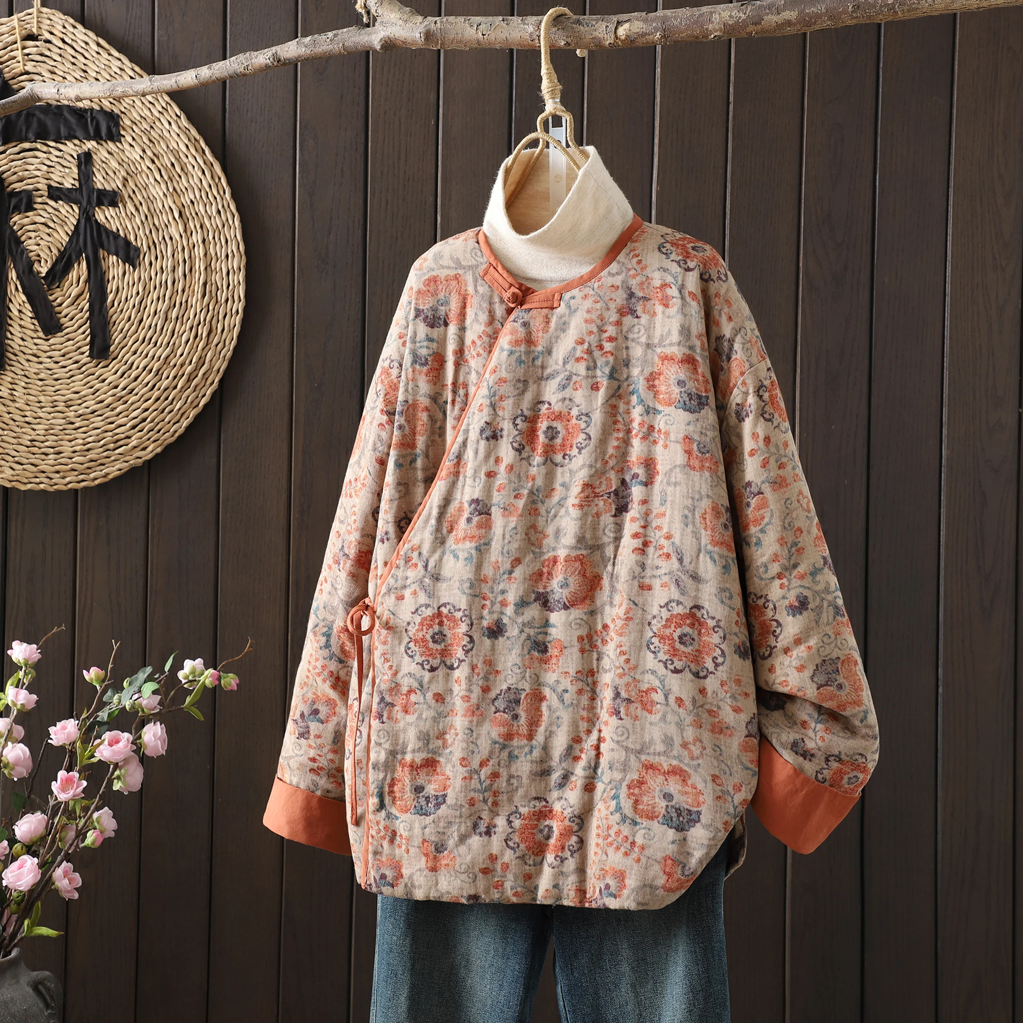 

Warm Cotton Jaet National Sle Print Large Size Women's Fat MM Oblique Collar Button Long Sve round Ne Floral Cotton ...