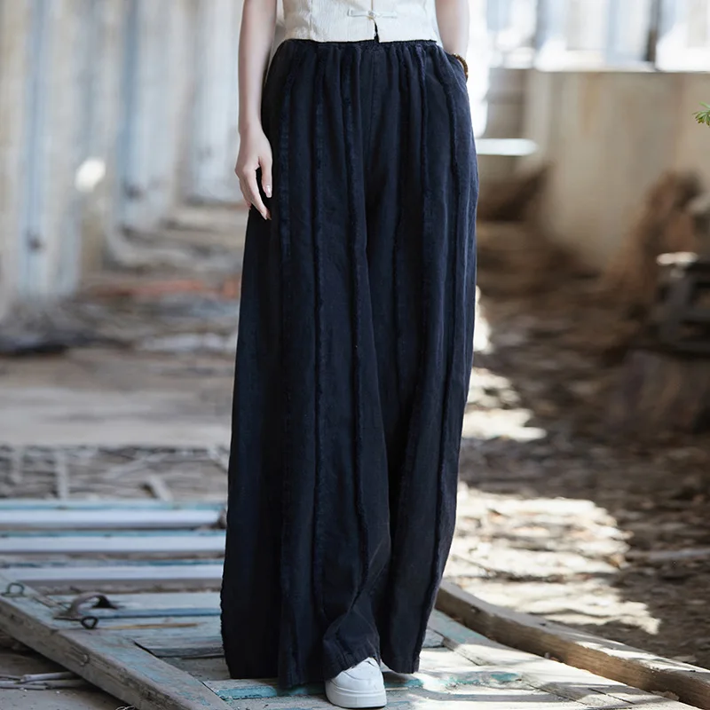 Spring Autumn Cotton Linen Women's Clothing Patchwork Wide-leg Pants Vintage Harajuku Trousers Elastic High-waisted Black Pants