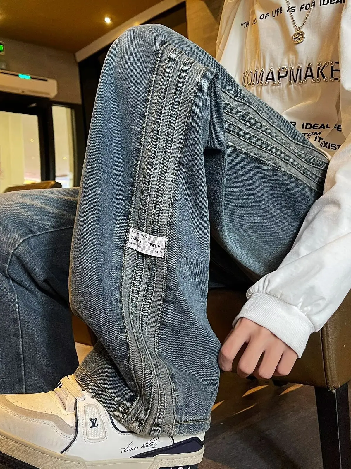 Trendy American Washed Striped Men's Jeans Spring Autumn Loose Straight Casual Long Pants Middle Waist Zipper Distressed