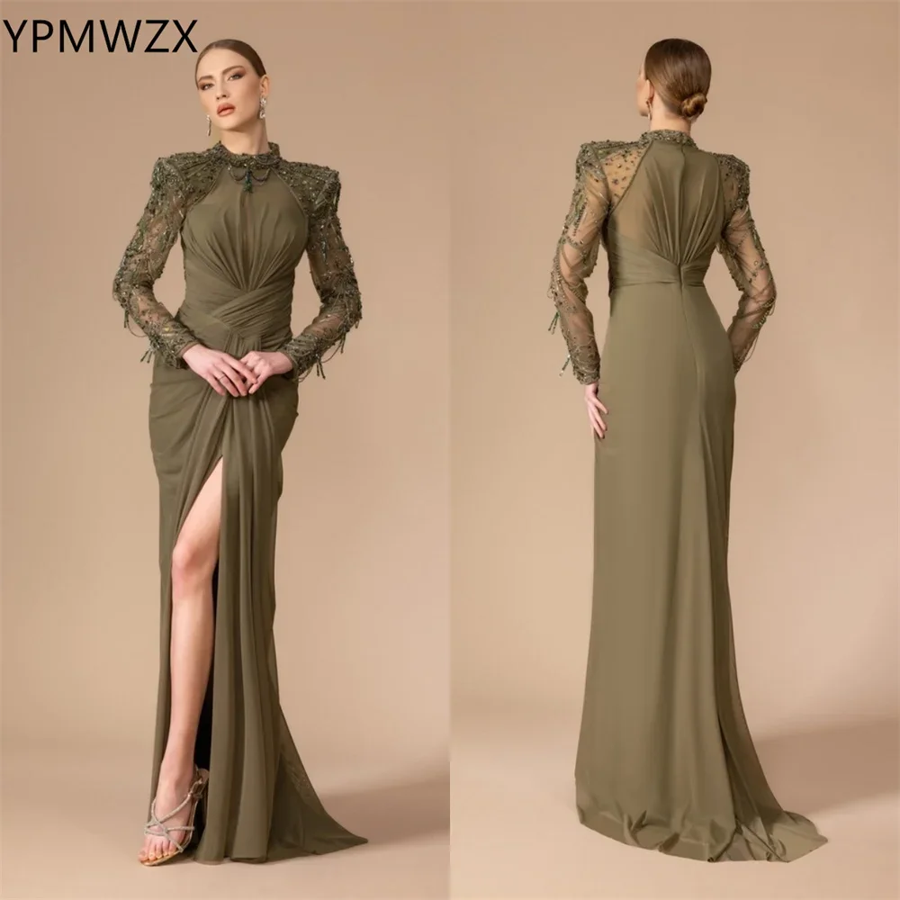 

Customized Evening Dress Formal Party Occasion YPMWZX High Collar Mermaid Floor Length Skirts Fold Bead Bespoke Dresses