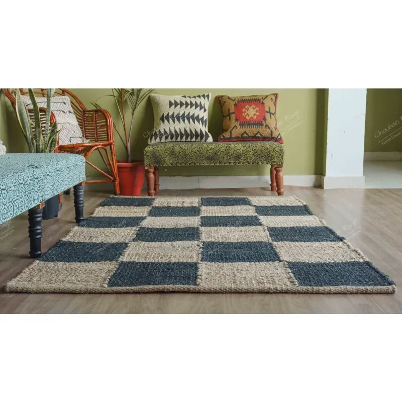 Indian Traditional Handwoven Jute Rug with Beige and Dark Blue Box Runner Rugs