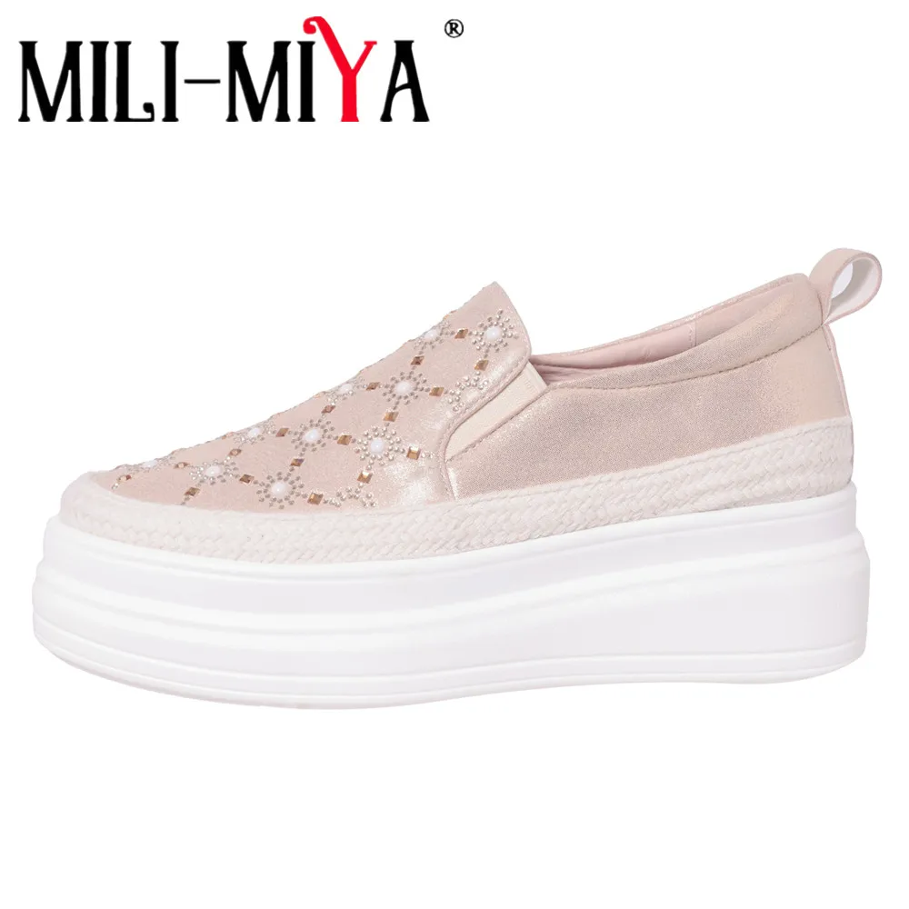 MILI-MIYA Women Full Genuine Leather Flats Round Toe Platform Slip On Solid Color Big Size 34-40 Casual Street Shoes For Ladies
