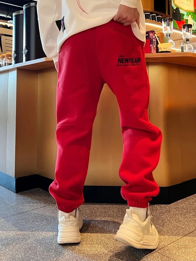 

Мужские зимние модные спортивные брюки с начесом, с принтом-стемпом, цветные, с отворотами, повседневные, свободного кроя