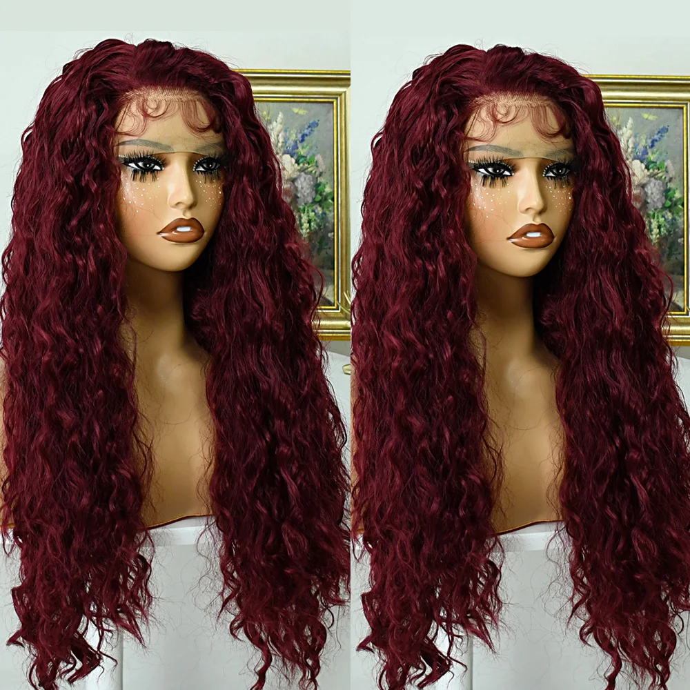 بورجوندي الأحمر الدانتيل شعر مستعار أمامي للنساء السود 13x4 طويل موجة عميقة بيروكات صناعية مع شعر الطفل ألياف مقاومة للحرارة غلويليس