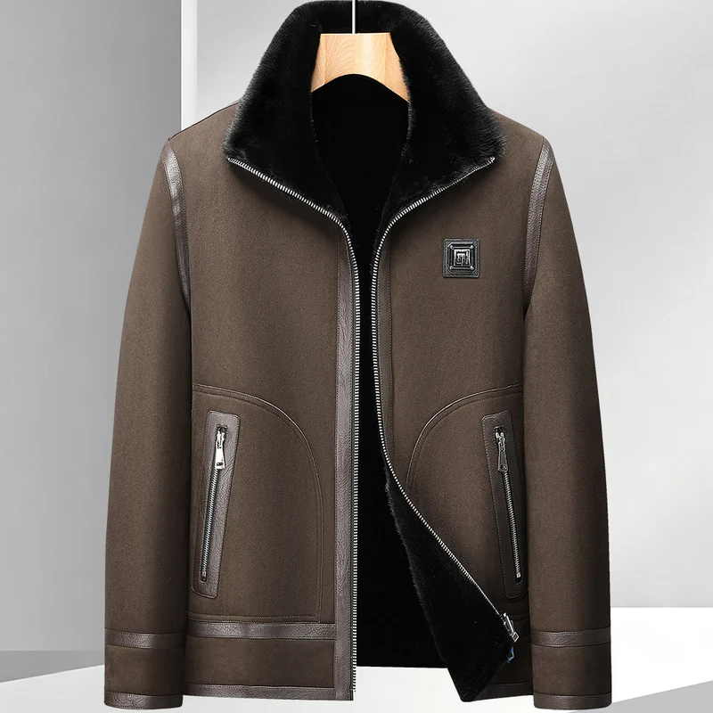 Men Double Sided Wear Faux Suede Jacket Fleece Lined Stand Collar Winter Warm Fur Integrated Style Casual Zipper Coat