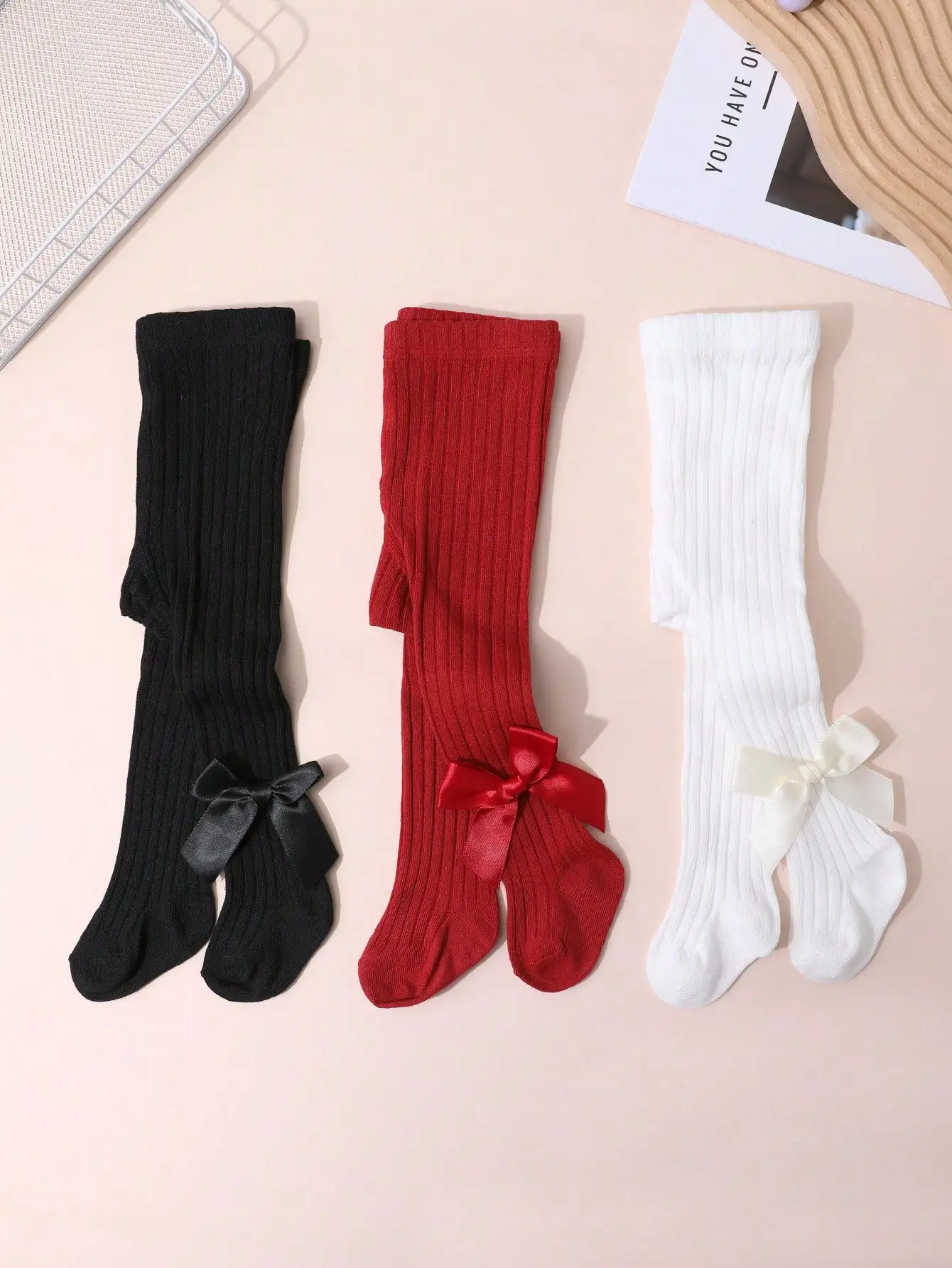 3Pack Toddler Baby Girls Vertical Rib Tights Glossy Satin Bow Soft Elastic Solid Pantyhose All Season Daily Outfit Leggings 0-2Y view 6