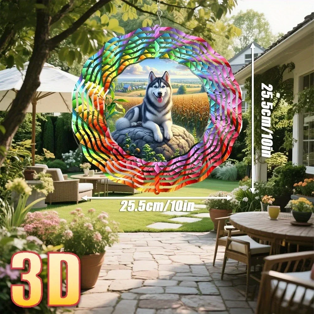 CIFBUY Rainbow Spiral Wind Chime Outdoor Garden Decor Weatherproof Metal Husky Figure 360 Rotating Hook Decorative Yard Ornament