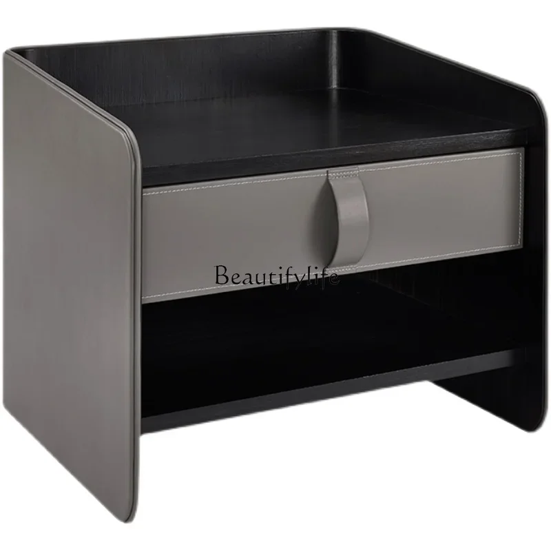 

Modern simple bedside table premium Italian light luxury high-end gray leather bedside table