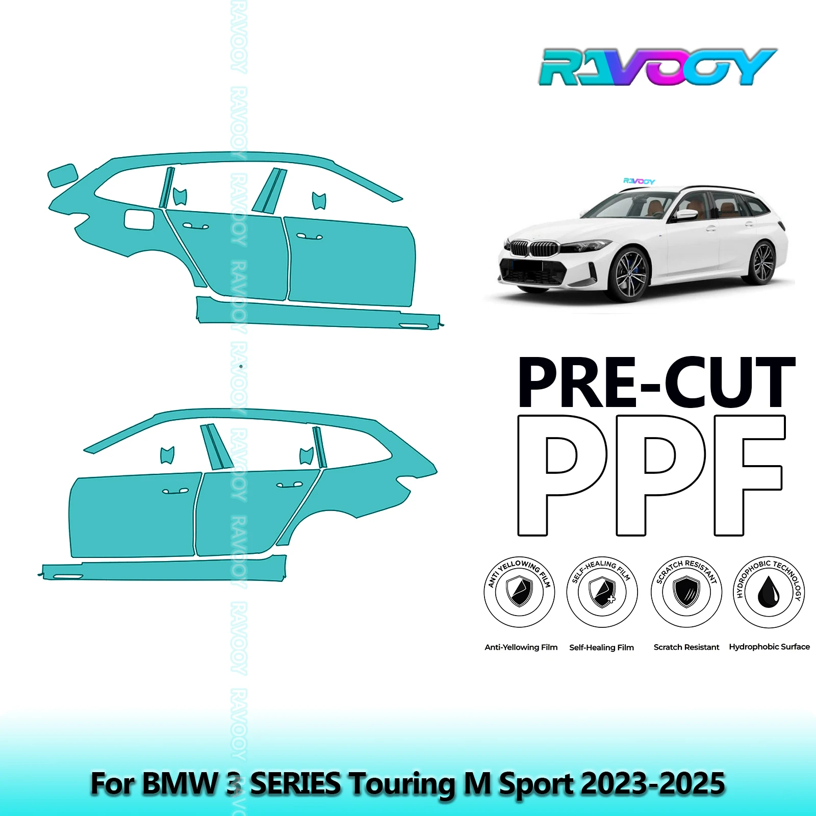 

Для BMW 3 SERIES Touring M Sport 2023-2025 8,5 мил, прозрачный матовый комплект предварительно вырезанных дверей PPF и стойки A/B, комплект защитной пленки для краски из ТПУ