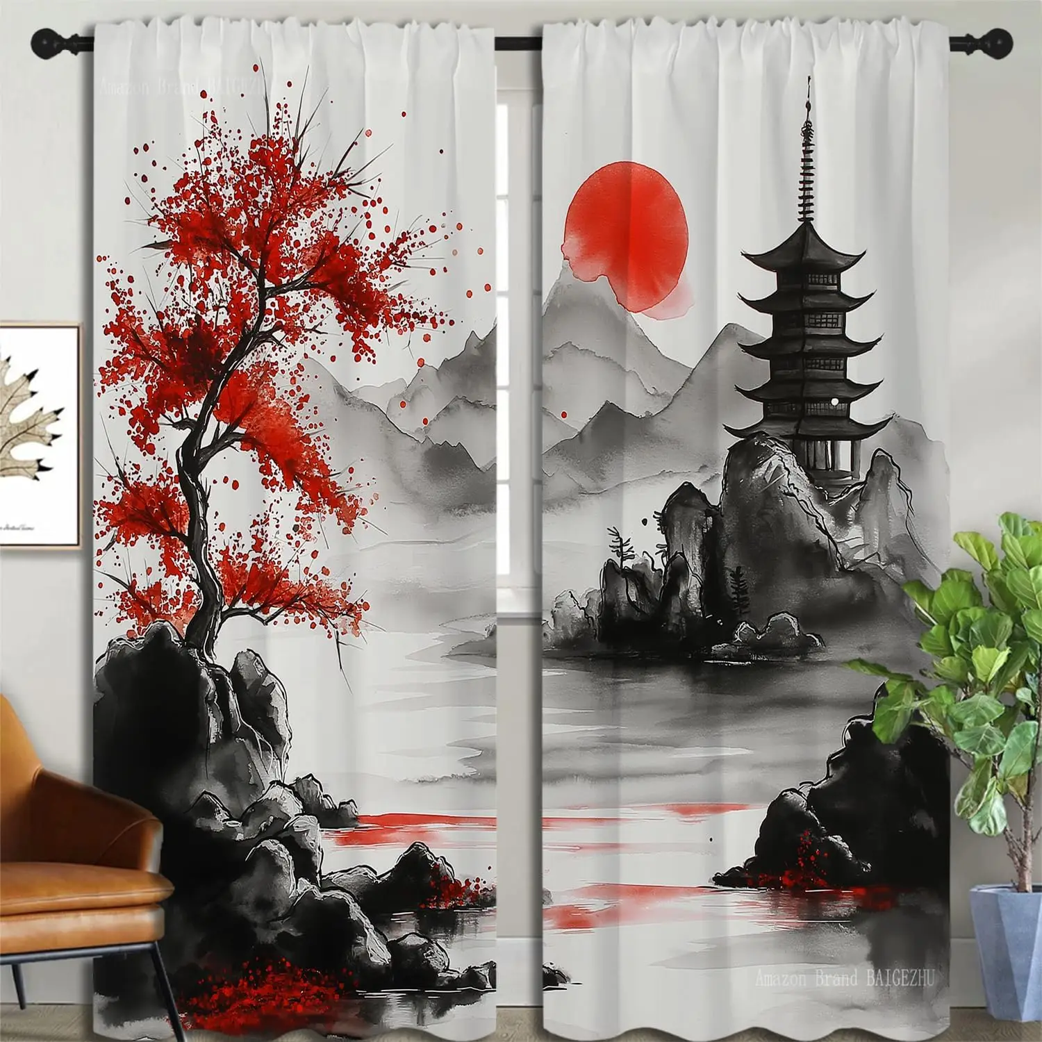 Japanese Landscape Boy Girls Blackout Curtains,Asian Anime Cherry Blossom Red Sun Mountains Ink Painting, 2 Panel Rod Pocket