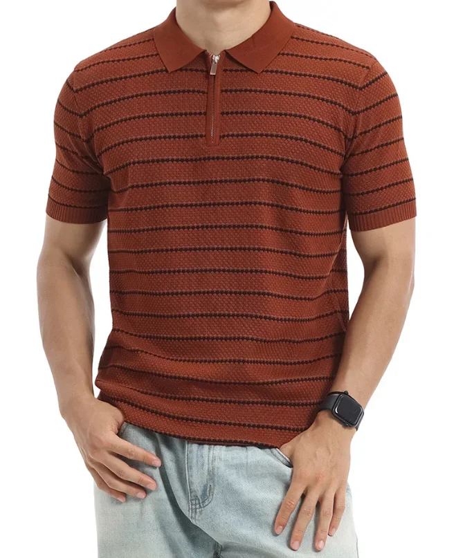 Men's Summer Minimalist Striped Knit Polo Shirt, Fashion Lapel Half-Zip Short Sleeve Top, All-Match Comfortable Casual Sweater