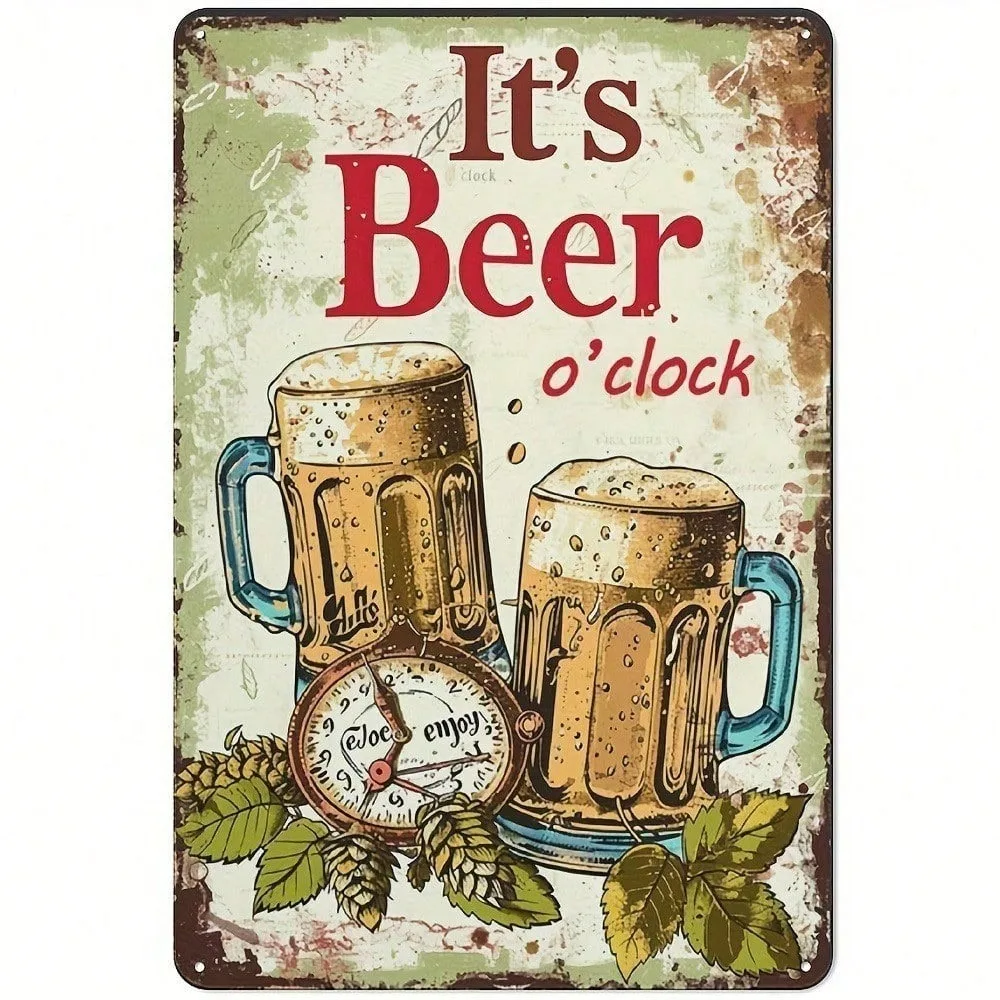 Vintage Art Deco Beer O'Clock Wall Sign 8x12"- Retro Aluminum Metal Decor for Bar, Man Cave