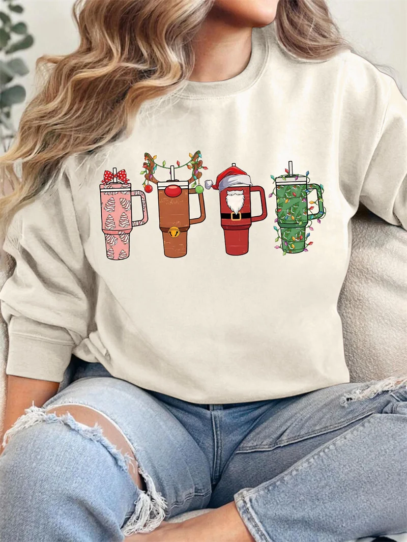 New cotton winter women's Christmas cup Green cup printed festive vintage round neck long sleeve fleece hoodie