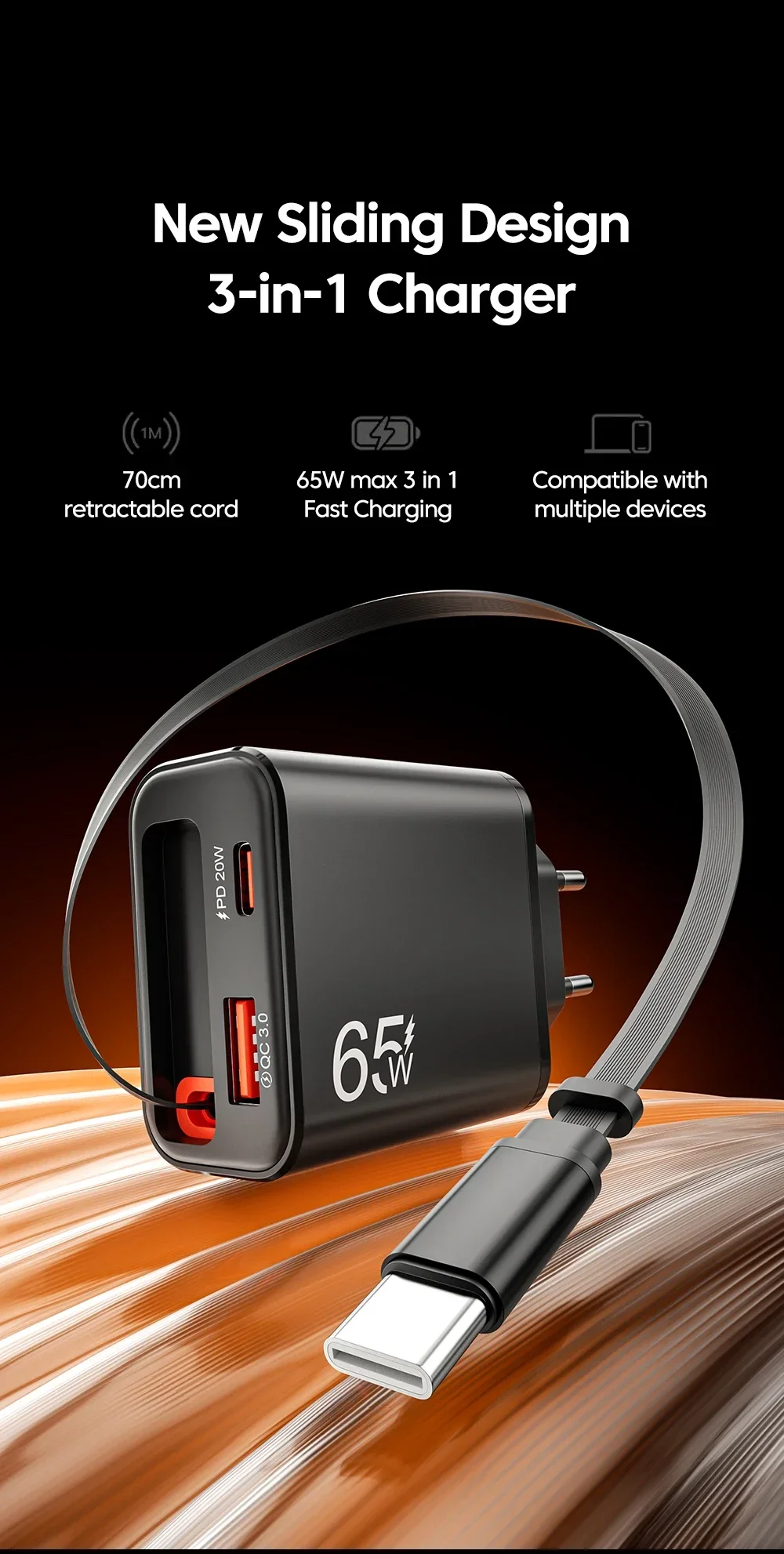 USB 65W Charger With Retractable Super Fast Charging Type C Cable For iPhone 17 16 POCO Xiaomi QC3.0 USB PD Wall Charger Adapter