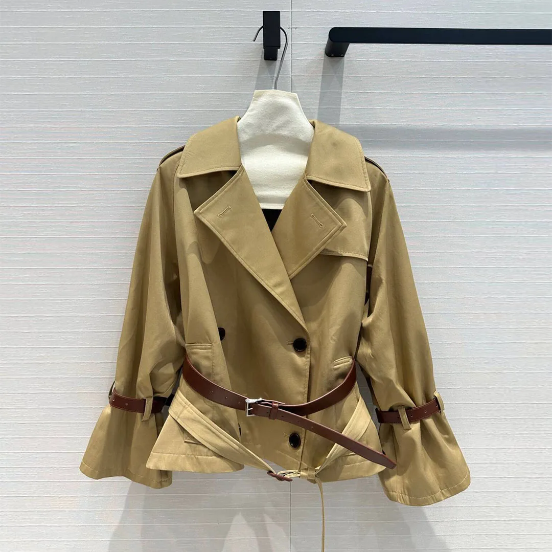 

2024 New Autumn Fashion Design Notched Long Sleeves Khaki Color Streetwear Double Belt Loose Trench Coat Women