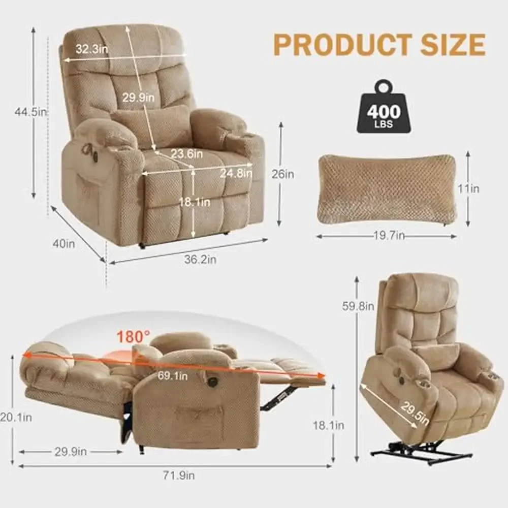 Dual Motor Lay Flat Power Lift Recliner Chair Massage Heating Infinite Position Large Chairs Big Cup Holders Side Pockets Lumbar