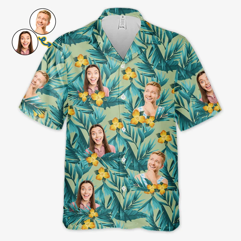 

Гавайская рубашка с листьями лица на заказ, персонализированная тропическая пляжная рубашка, забавная рубашка для праздничной вечеринки, гавайские блузки с лицом на заказ