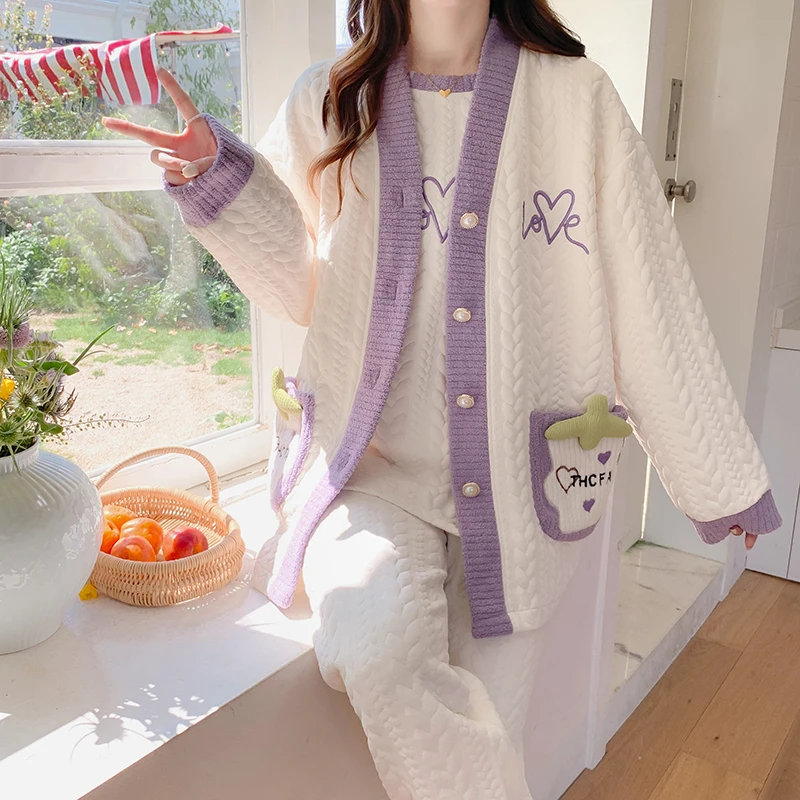 

Thickened Air Cotton Three-piece Set Women's Sleepwear Home Clothes Spring Autumn Winter Home Leisure Fashion New 2026