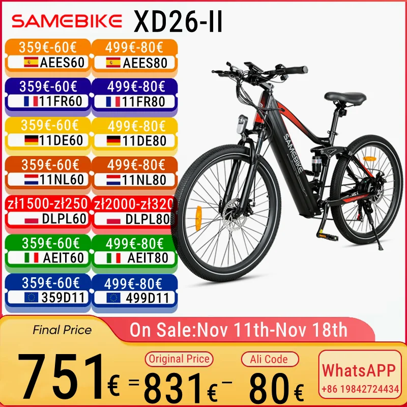 EU In Stock SAMEBIKE XD26-II Electric Bike 750W 48V 14AH 26-inch Ebike Mountain Adult Electric Bicycles Hydraulic Disc Brake