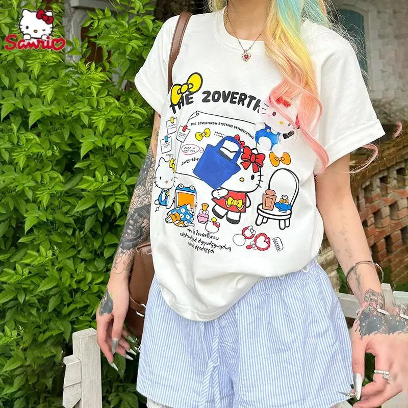 

Kawaii Sanrio Anime Short Sleeve Cute Hello Kitty Cartoon Ins Versatile Round Neck Fashion Summer Loose Print T-Shirt Girl Gift