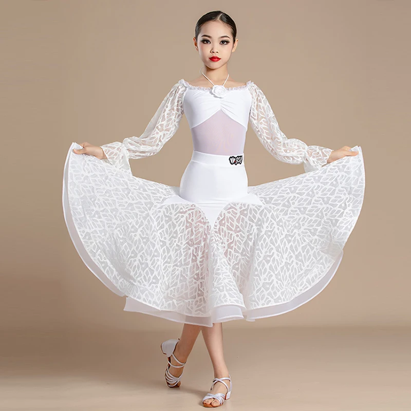 

White Ballroom Dance Competition Dresses Off-Shoulder Halter Tango Dancing Performance Wear Prom Girls Waltz Dresses VDB7981