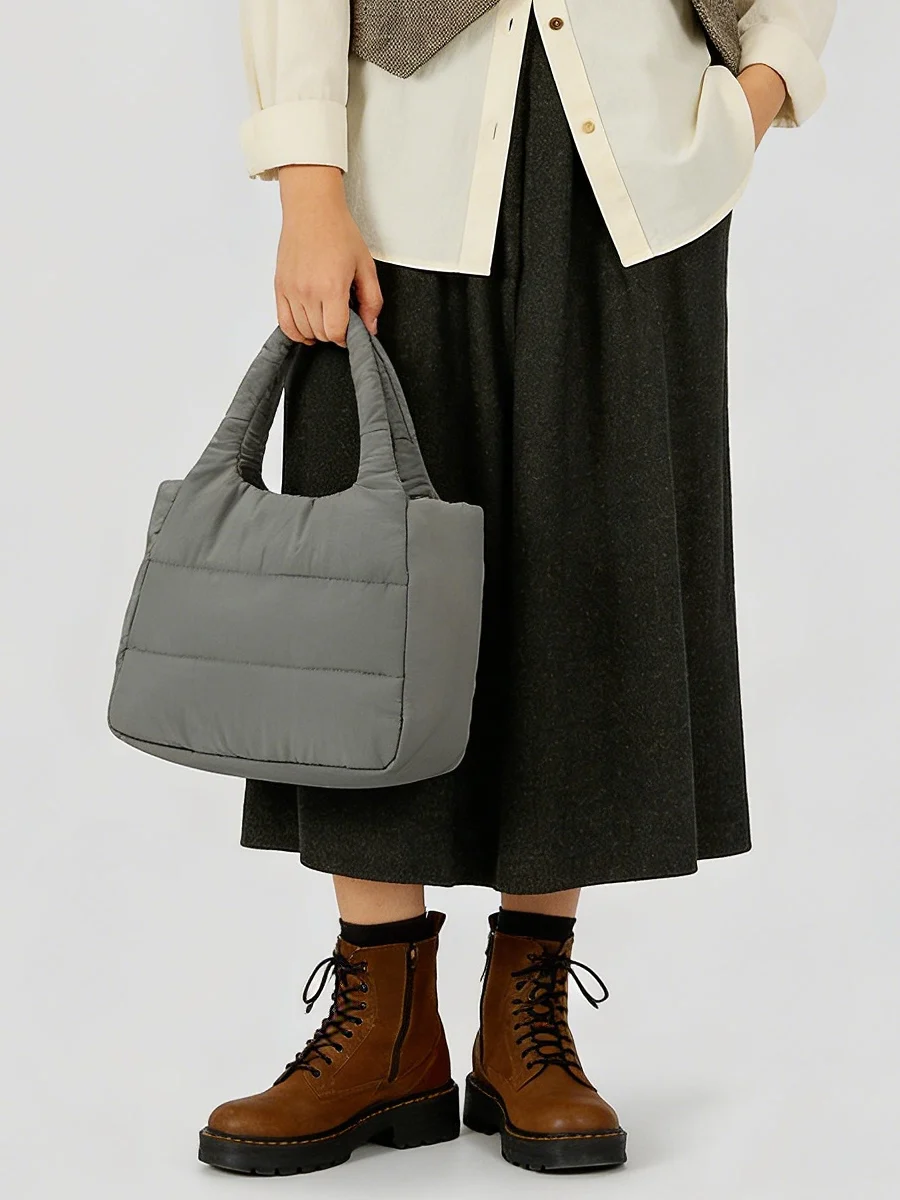 Casual Chic Women's Cotton Nylon Quilted down oulder Bag Lightweight Tote Crossbody Handbag Striped Design Magnetic Bule