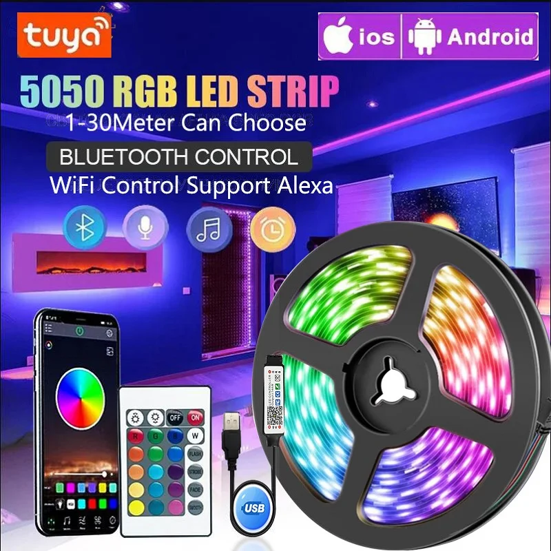 USB LED Strip Lights para decoração do quarto, RGB 5050, controle do aplicativo Bluetooth, fita flexível da lâmpada, fita de diodo