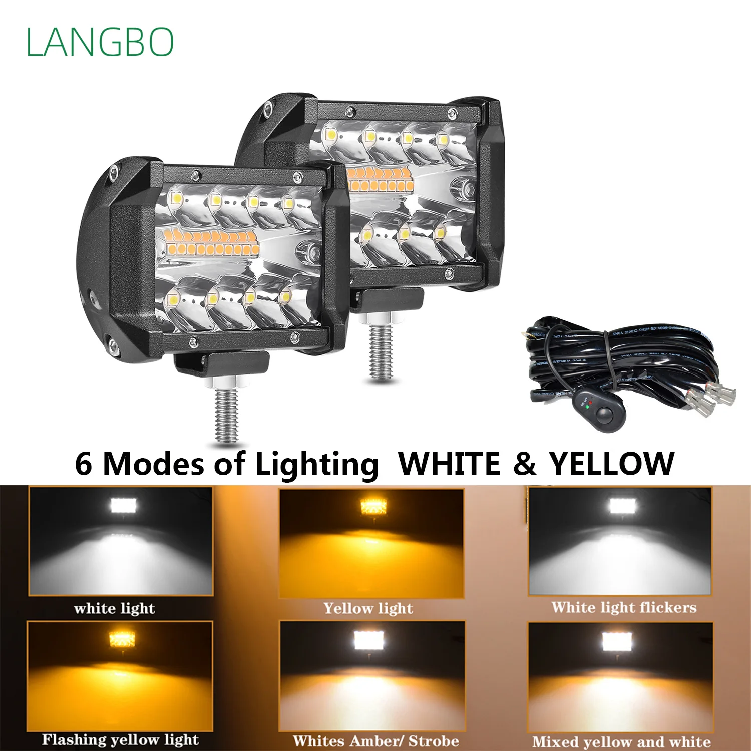 LANGBO 4x4 Off Road LED Work Light Bar 4inch 6 Modes Fog Driving LED Light Pods For  ATV Motorcycle Agro Truck Jeep Auto 12V 24V