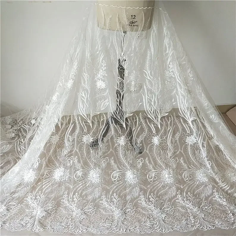 Exquisite Leaf Lace Fabric Floral Embroidered Off White Tulle Fabric Bridal Gowns By The Yard 53