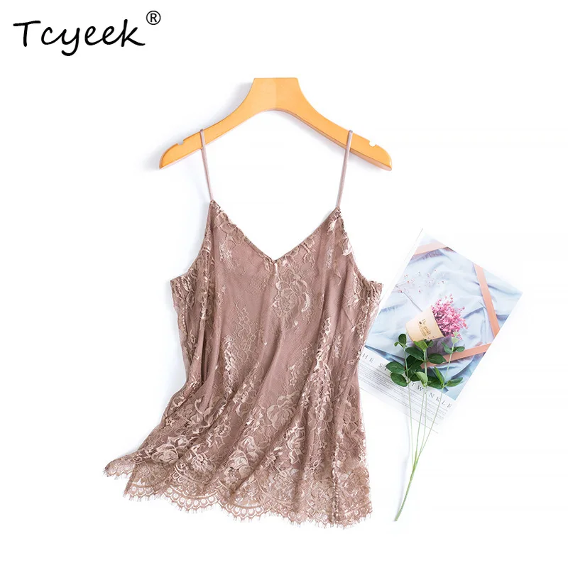 

Tcyeek 25% Natural Silk Women's Blouses Sexy Lace French Style Hot Girl Small Suspenders Loose Summer Autumn Sling P3N363QM
