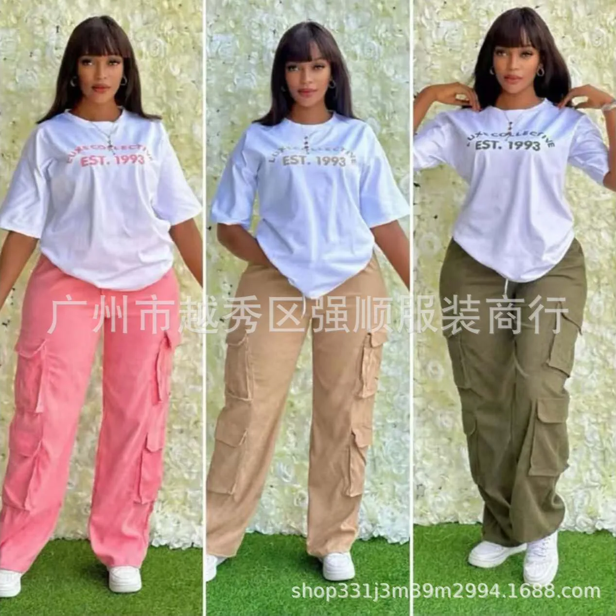 

Pant Set Women Two Piece Sets Round Neck Short Sleeve Print Tops Y2k Cargo Pants Casual Loose Pockets High Waist Streetwear