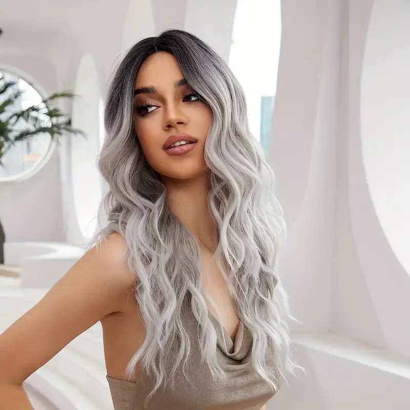 LOUIS FERRE Middle Part Wavy Synthetic Wigs for Black Women Long Black to Grey Ombre Wigs Daily Party Heat Resistant Fake Hair