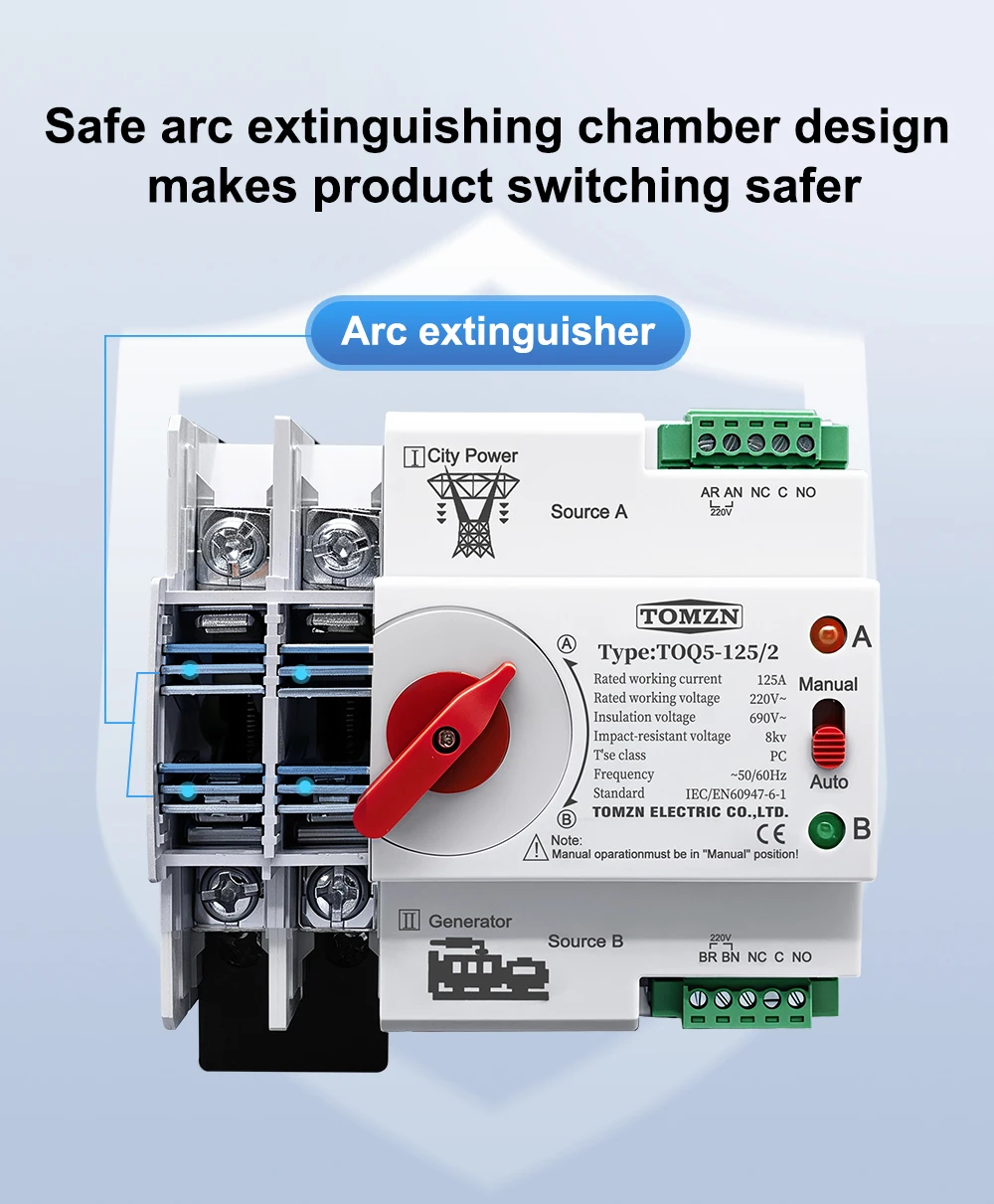 TOMZN Single Phase Din Rail ATS 220V Dual Power Automatic Transfer Electrical Selector Switches Uninterrupted 2P 63A 100A 125A
