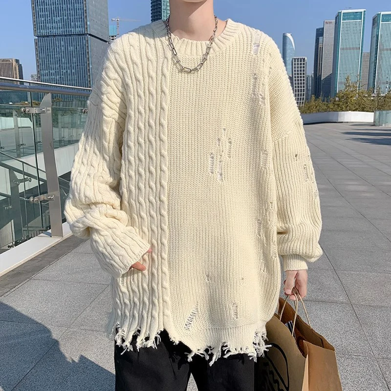 Unisex Knit Hip Hop Torn Hole Autumn Winter Casual Long Sleeve Men Tops Cool Fashion Oversized Trend Solid Woman Men Streetwear