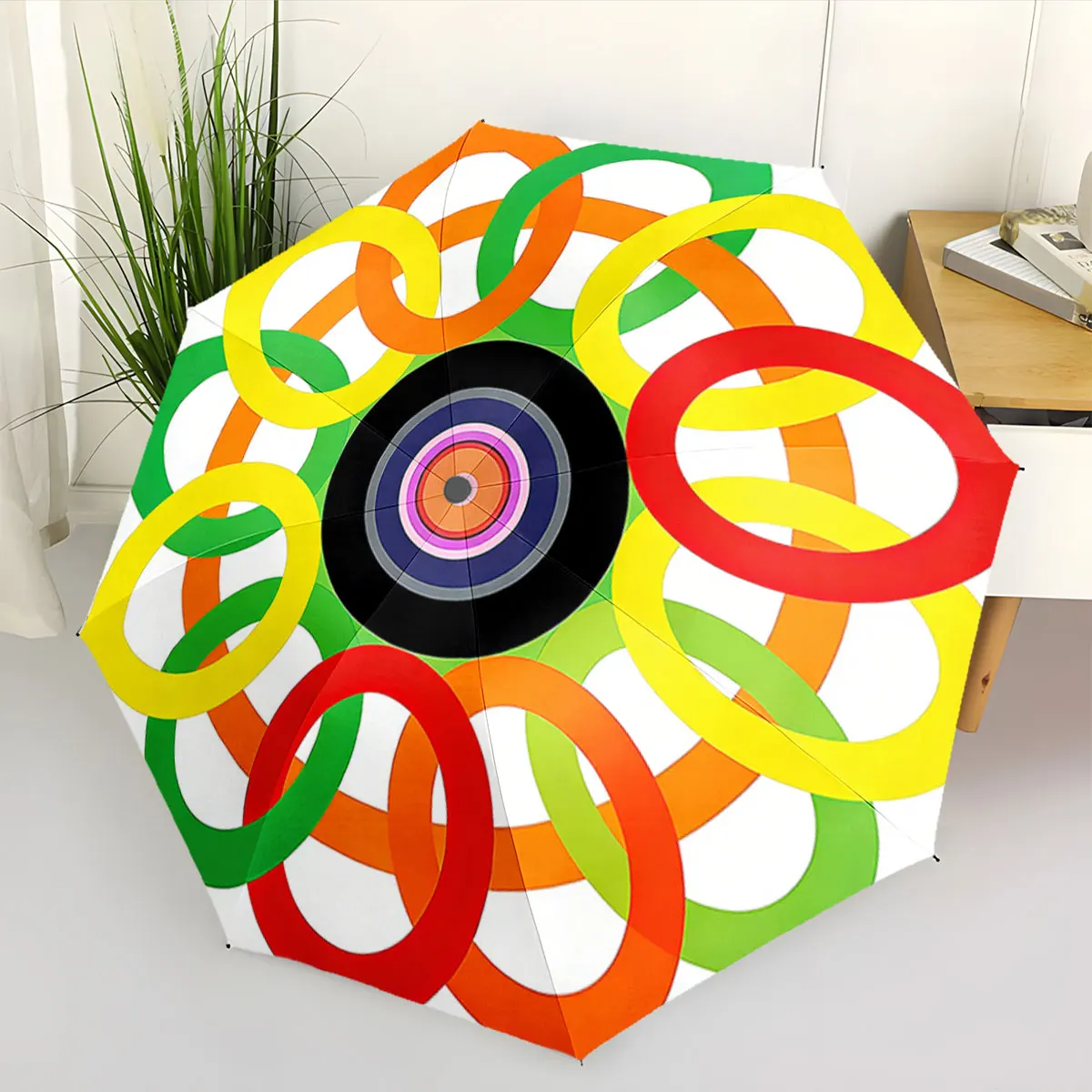 1PC Colorful Rings Umbrella Design Print 8 Iron Ribs Folding Umbrella Auto-Open Fashion Sunshade