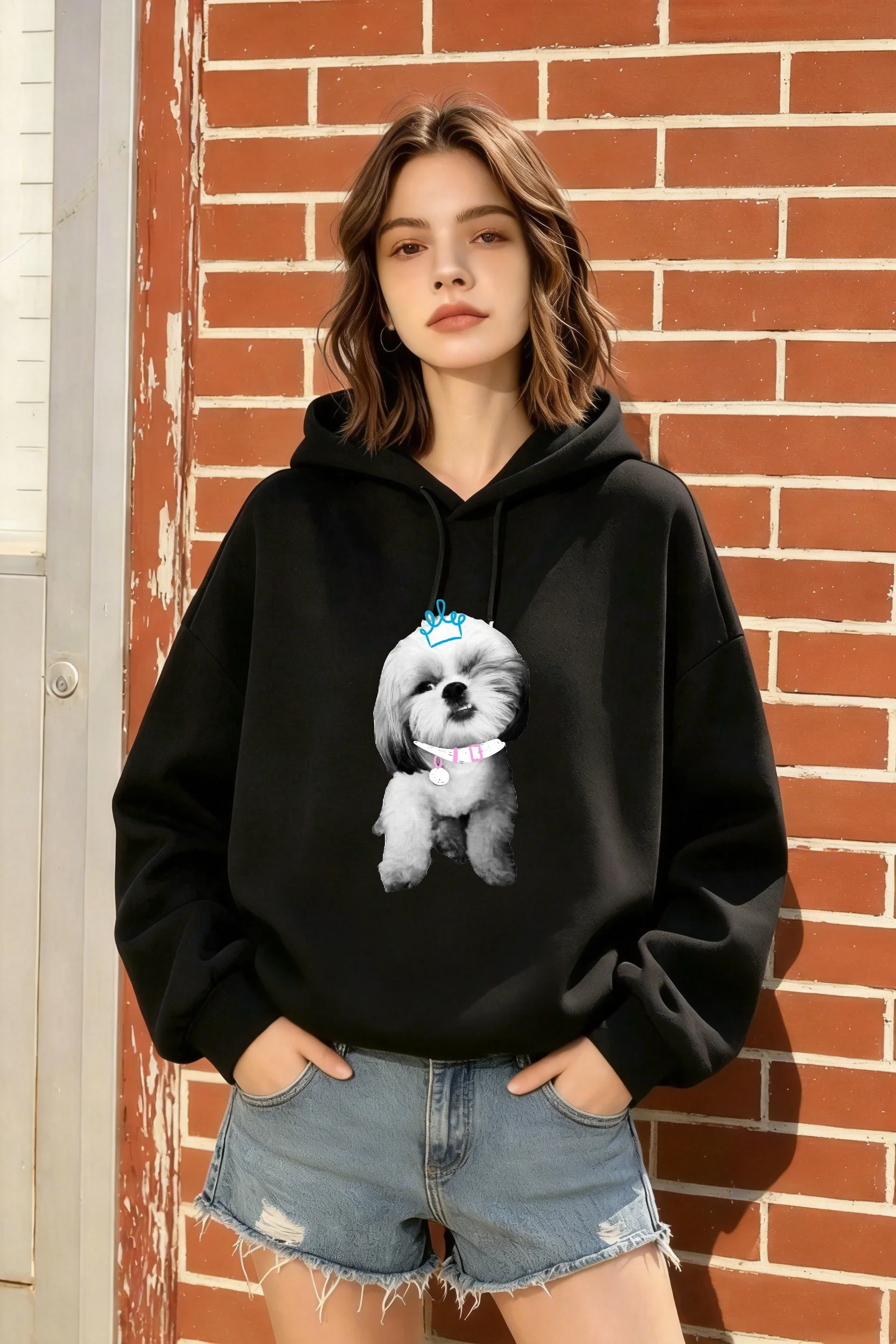 

Women's Black Oversized Hoodie with Cute Dog Print, Casual Trendy Top for Spring & Fall