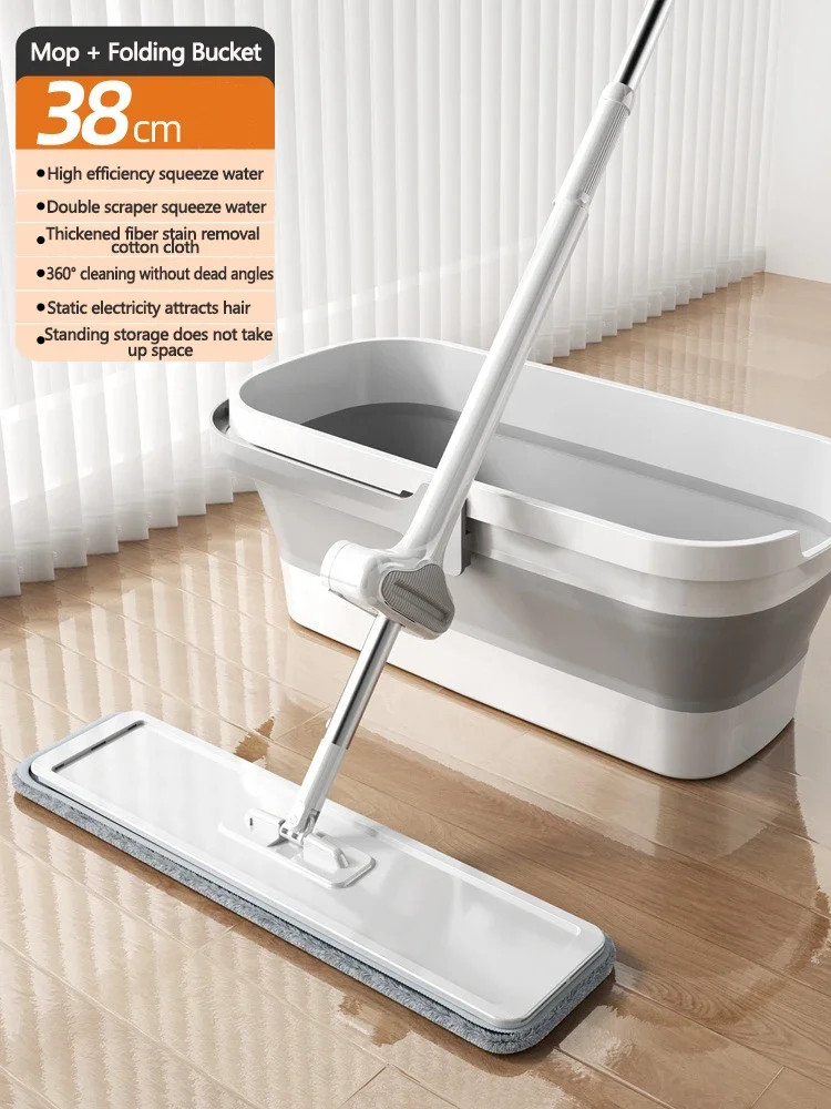 Mops Floor Cleaning 360 Square Spin Hand-Free Flat Floor With Folding Bucket 38cm Large Size Mop Brooms Utensils House Tools