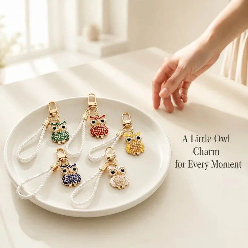 Cute Enamel Owl Keychain with Braided Wrist Strap, Rhinestone Animal Key Ring, Portable Bag Charm Daily Dating Party Gift Decor