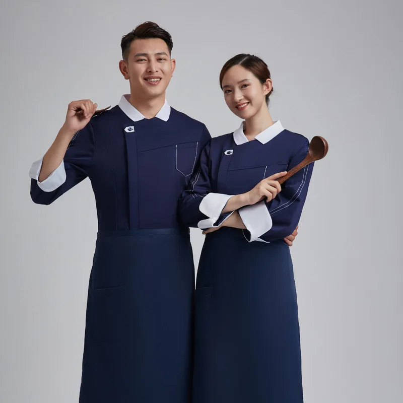 C296 Blue Chef's Uniform Overalls Long Sleeves Chef Coat Kitchen Baking Uniforms Western-style Waiter Coat Sushi Chef Uniform