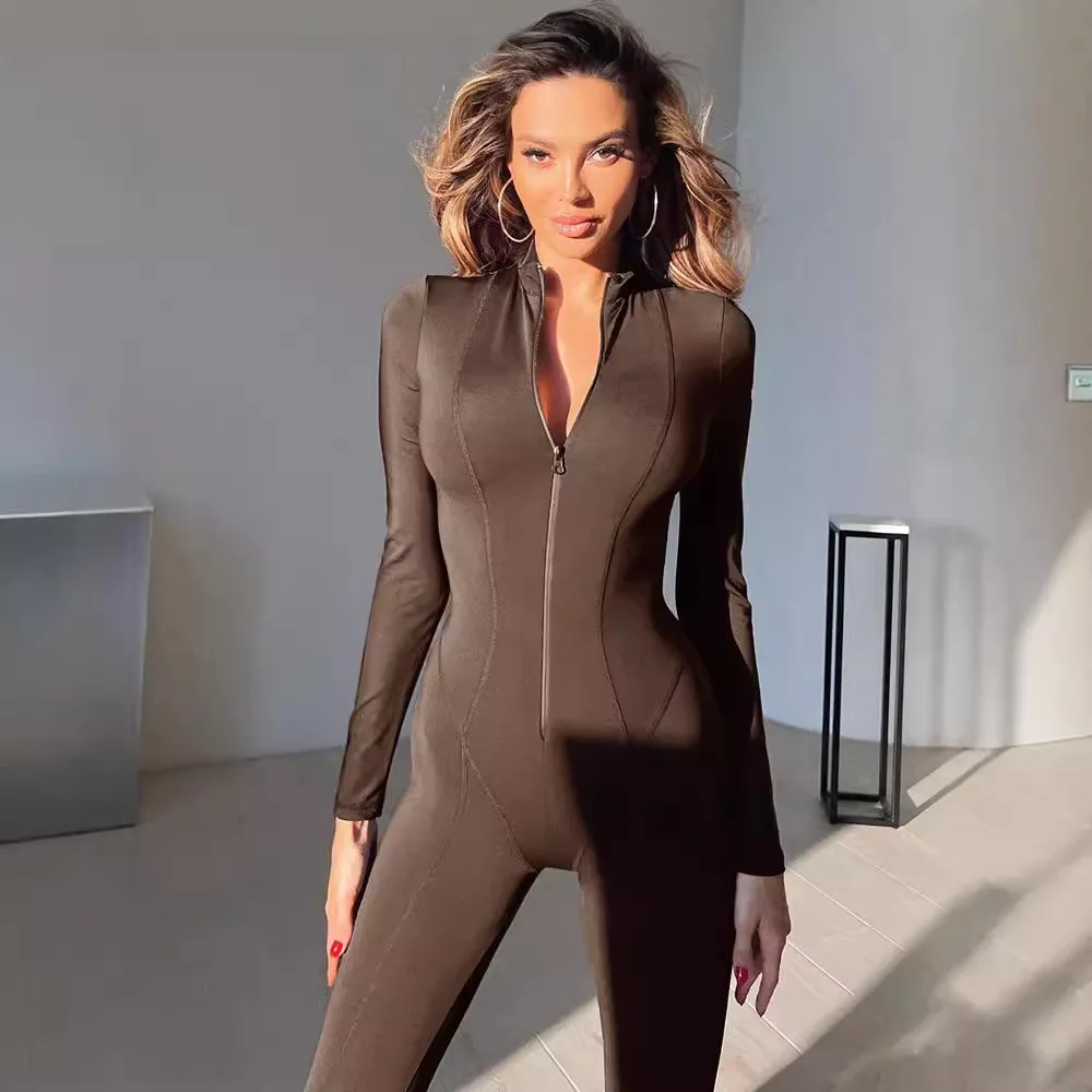 

Модный вязаный комбинезон на молнии с длинными рукавами, длинные брюки с высокой талией, женская верхняя одежда, топ с высокой эластичностью, удобная посадка